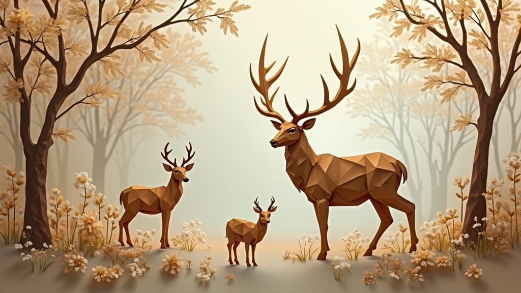 Stag and Hinds in Dreamy 19th-Century Landscape