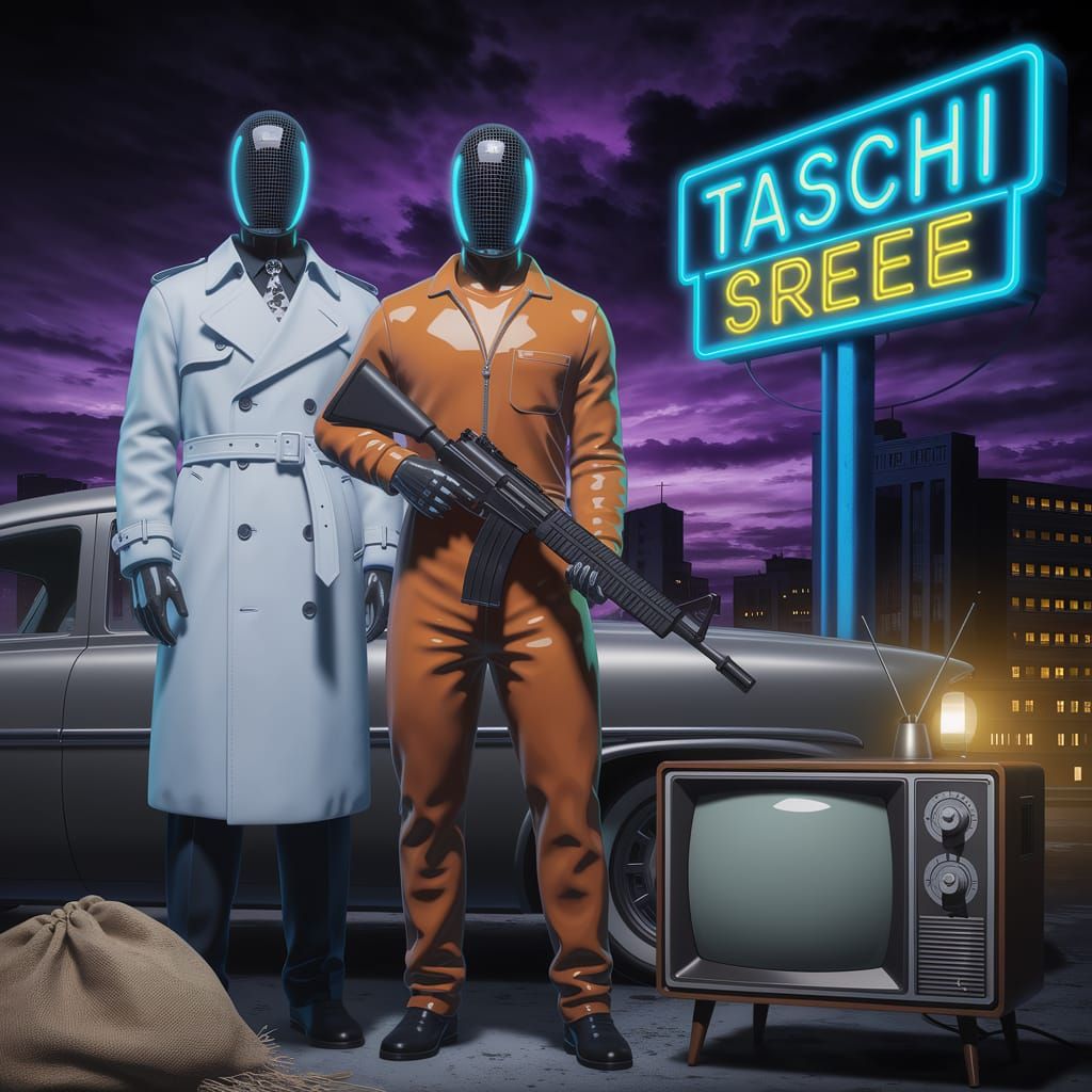 Dystopian Figures in Urban Landscape, Surreal Digital Art