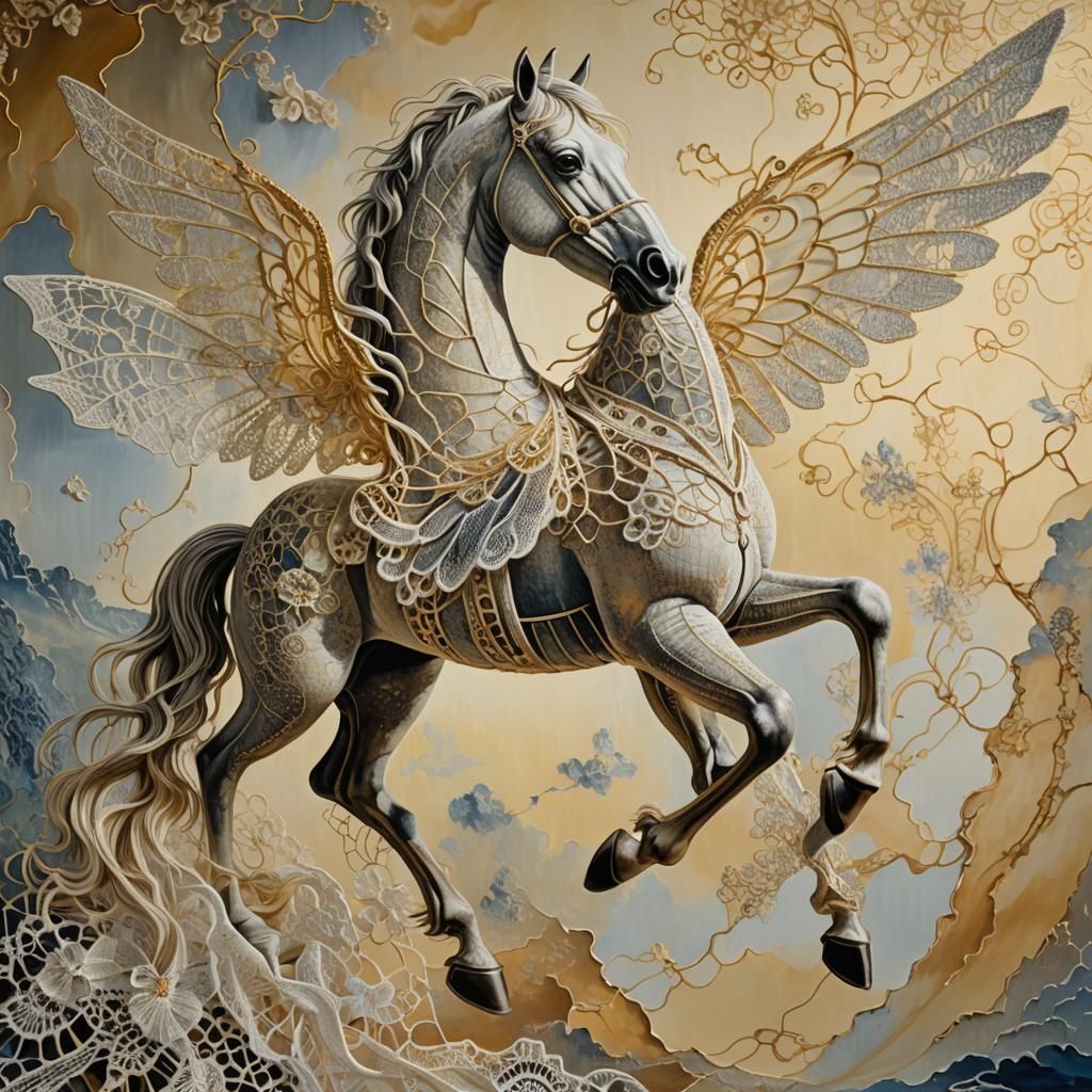 Lace Horse with Wings in Surreal Oil Painting