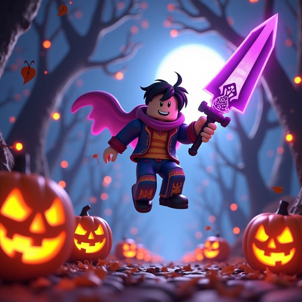 Halloween Roblox Character Floating with Purple Sword