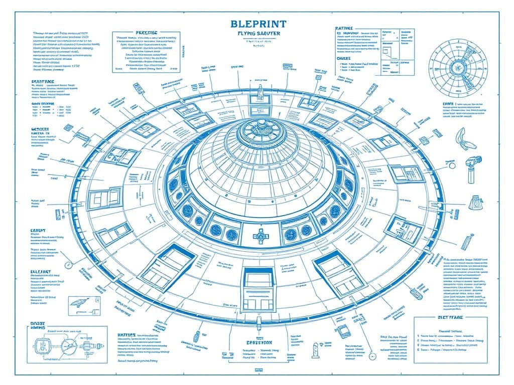Vintage Industrial Flying Saucer Blueprint in Retro-Futurist...