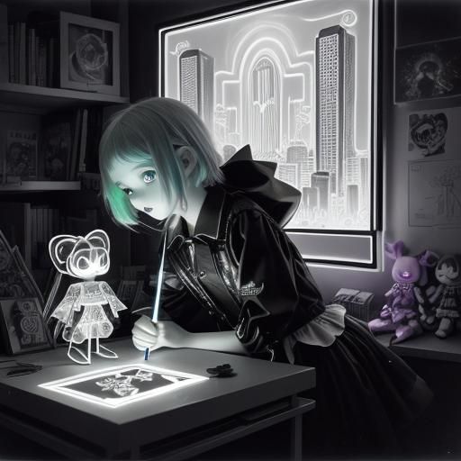 Surreal Rayograph with Rainbow Fairy and Neon Cityscape