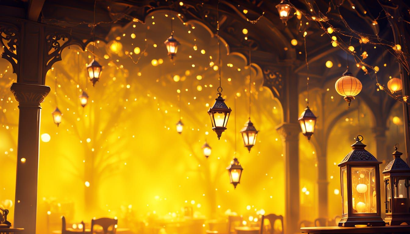 Magical Cafe Interior with Glowing Drinks and Fairy Lights
