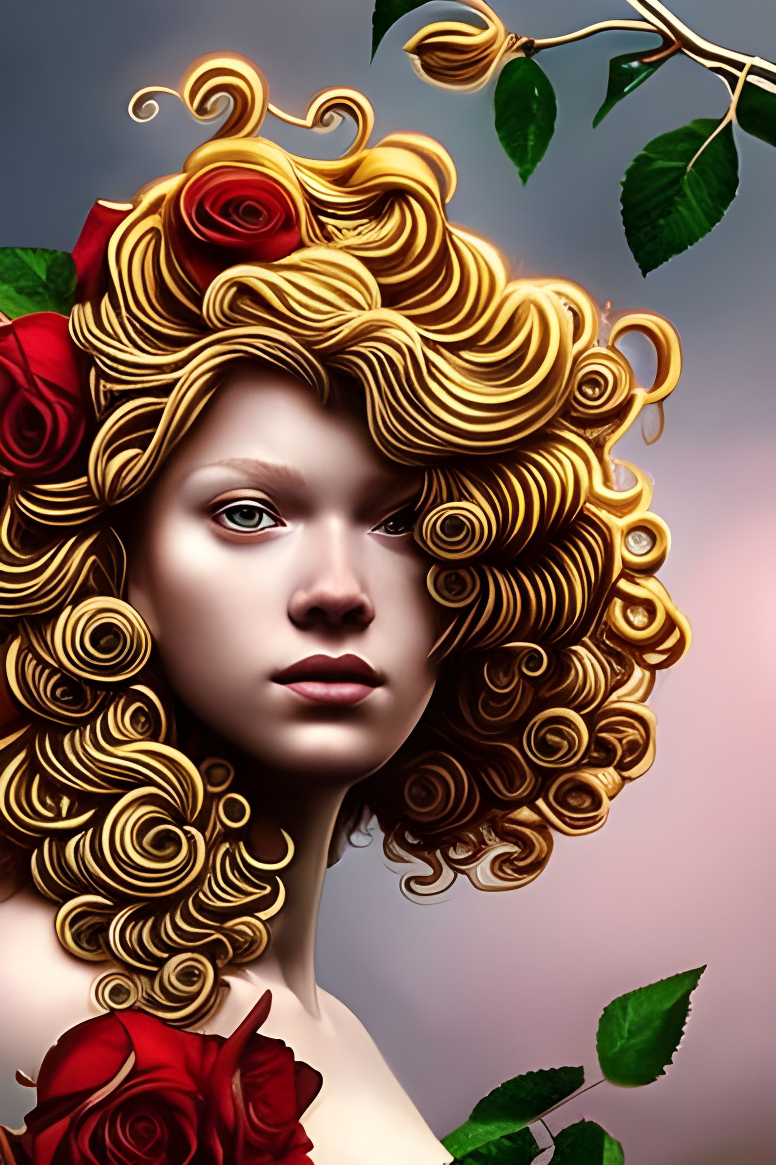 Red Roses in Hair: Hyperdetailed Portrait