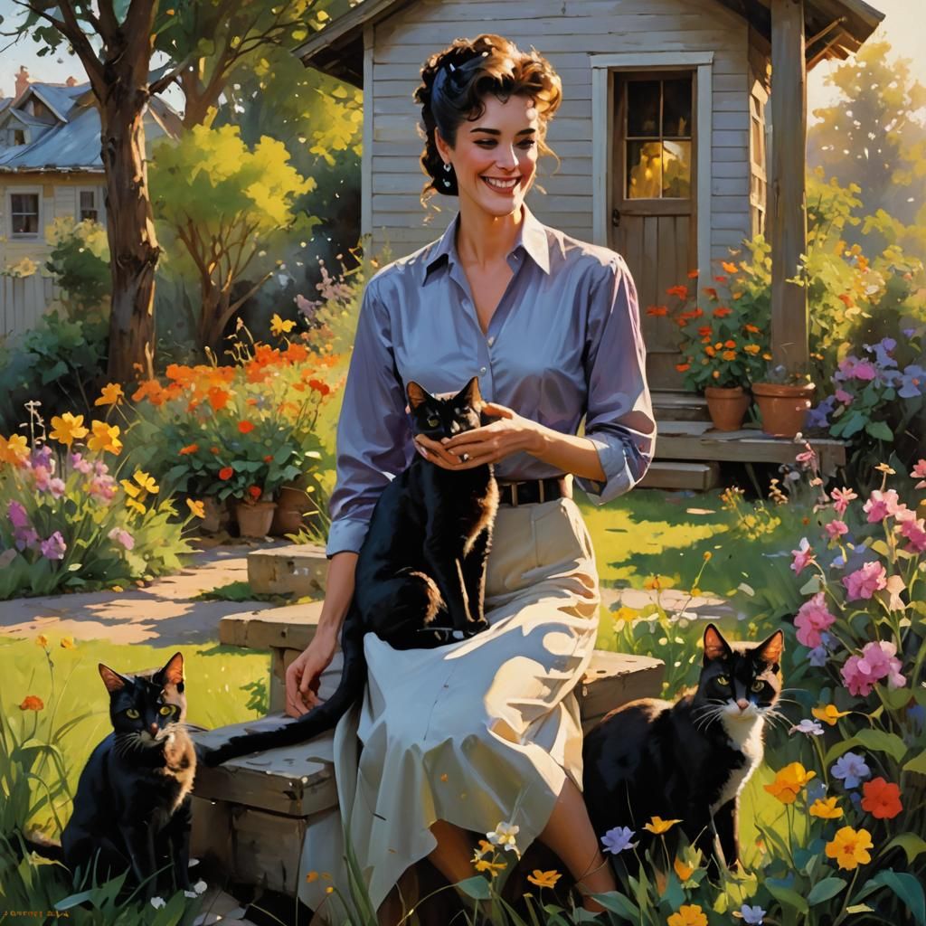 Catwoman Portrait with Cats in Garmash Style