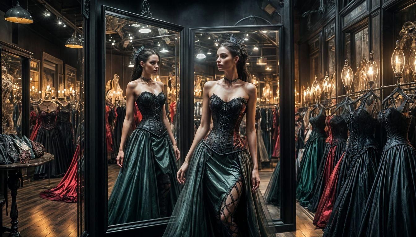 Hyperrealistic Dark Fairy in a Clothing Shop