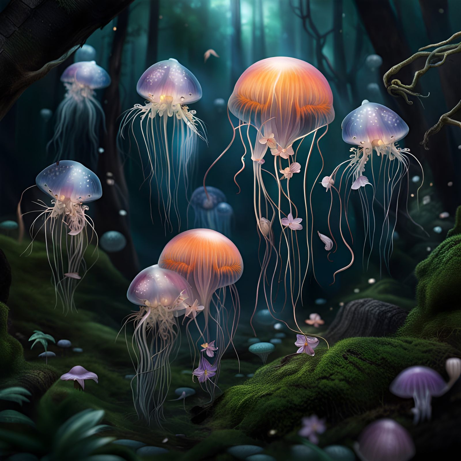 Hyper-Realistic Japanese Fairy Orchid Jellyfish Forest