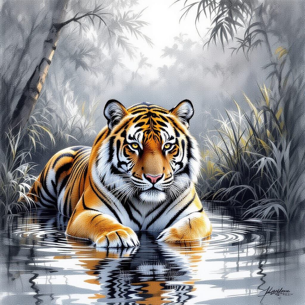 Majestic Bengal Tiger with Watermelon in Graphite Sketch Sty...