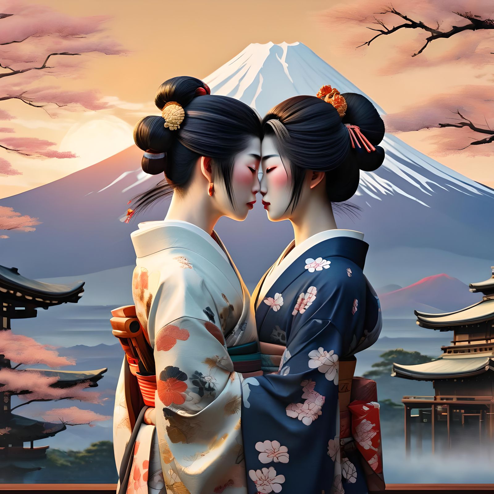 a geisha and a Samurai Kissing, styled with the characterist...