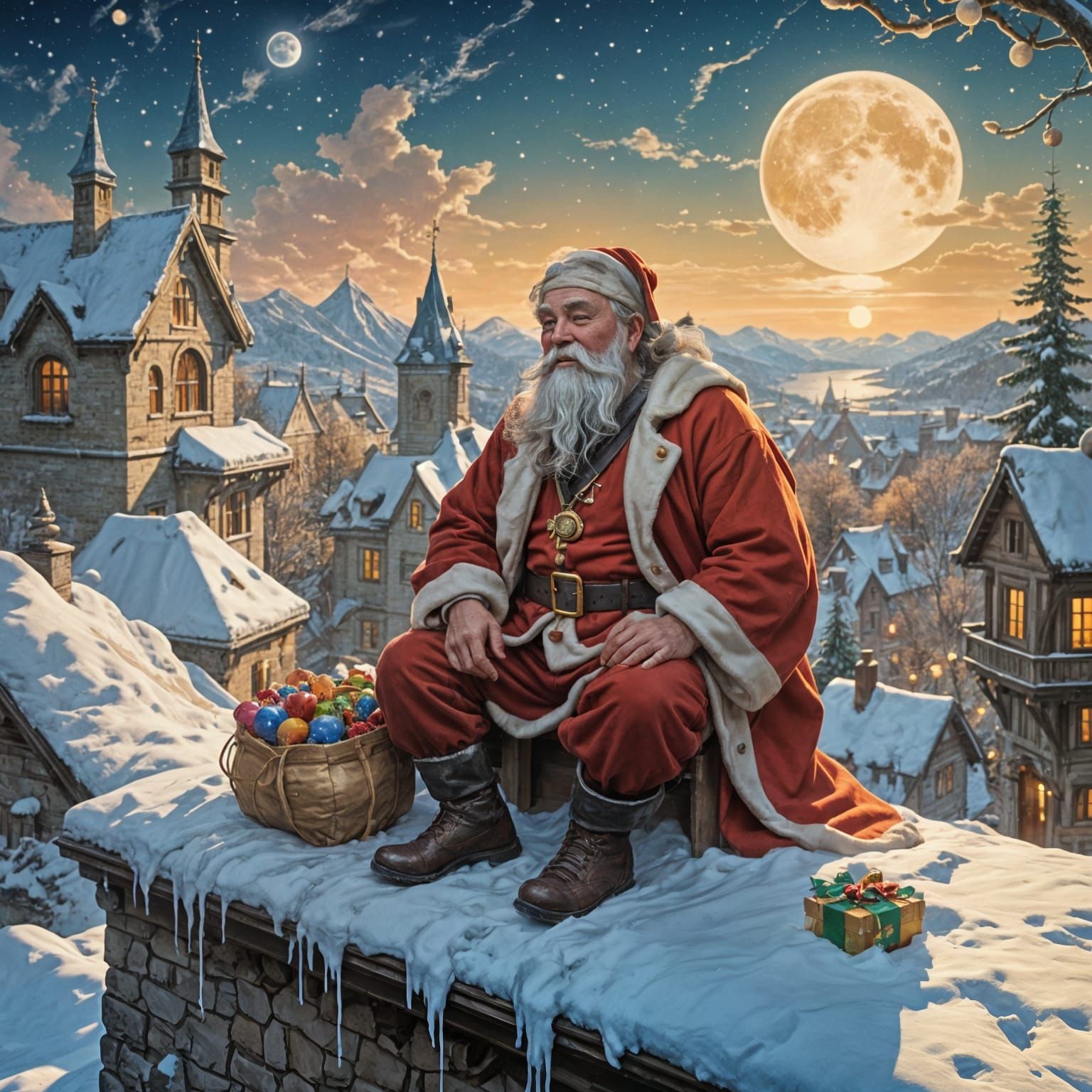 Santa's Heavenly Rooftop Celebration Under the Full Moon