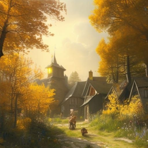 English Village in Golden Sunlight, Dark Fantasy Art