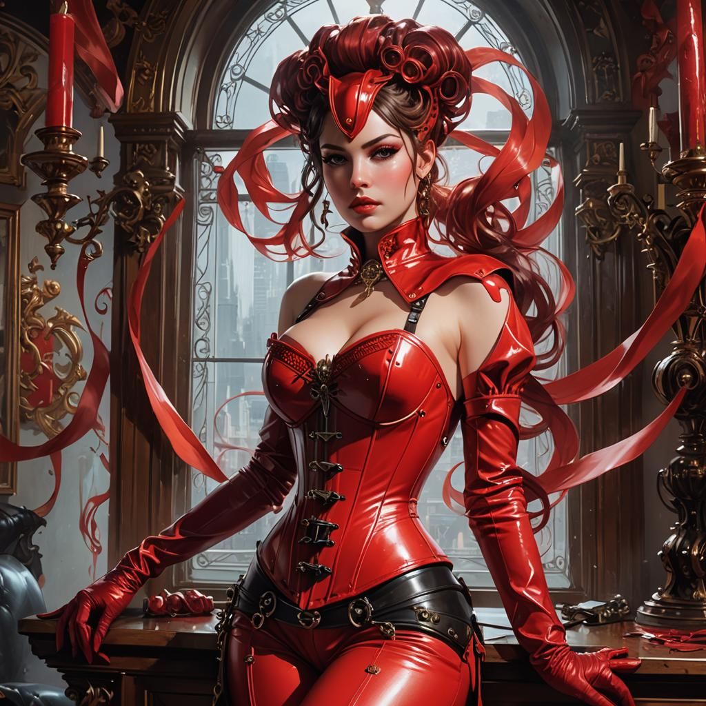 Stunning Woman in Red Corset, Detailed Portrait