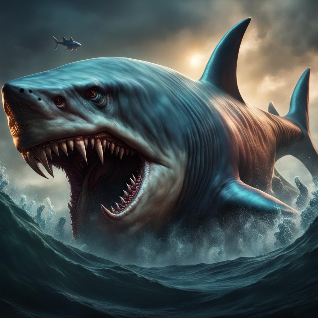 Demonic Lovecraftian Shark Beast in Detailed Digital Paintin...