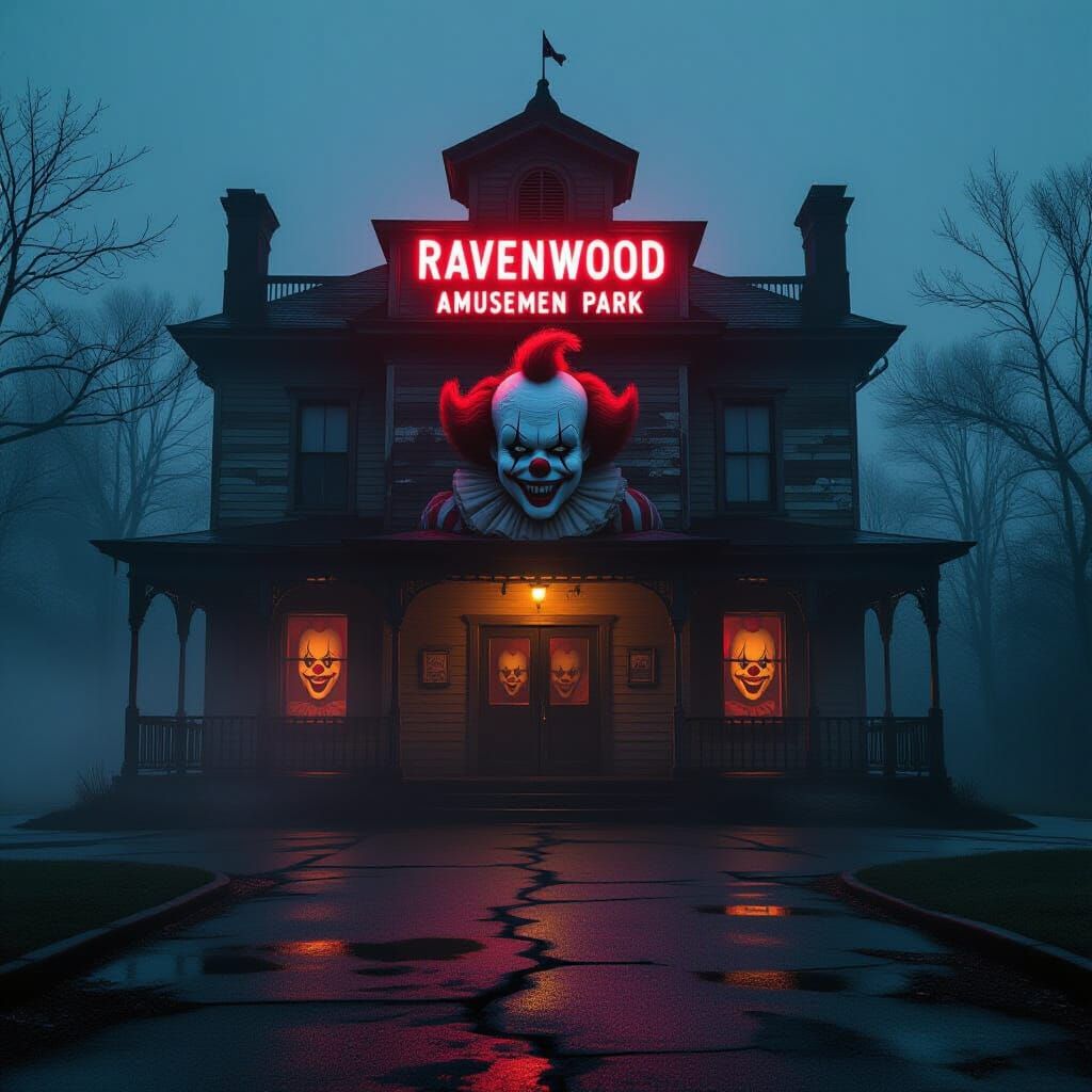 Eerie Ravenwood Amusement Park Clown House at Night