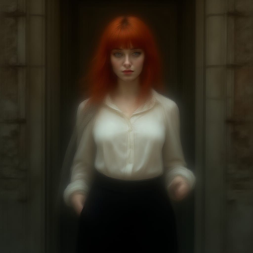 Elegant Woman Stands Before Weathered Victorian Building