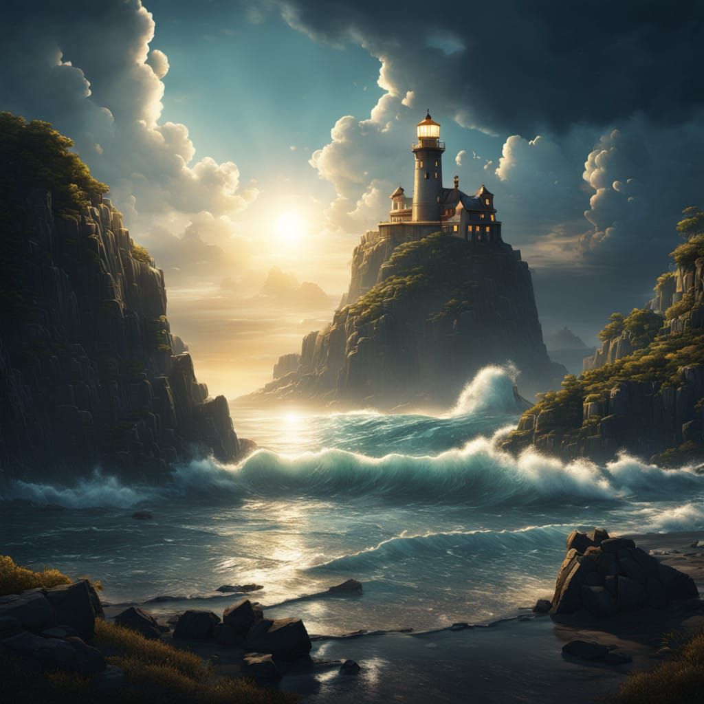 Surreal Lighthouse Radiates Hope Amidst Coastal Dreamscape
