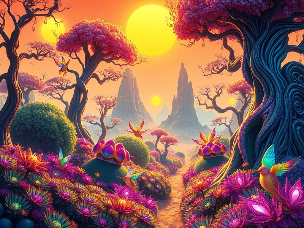 Surreal Garden in Triple Sunlight with Iridescent Flora and ...