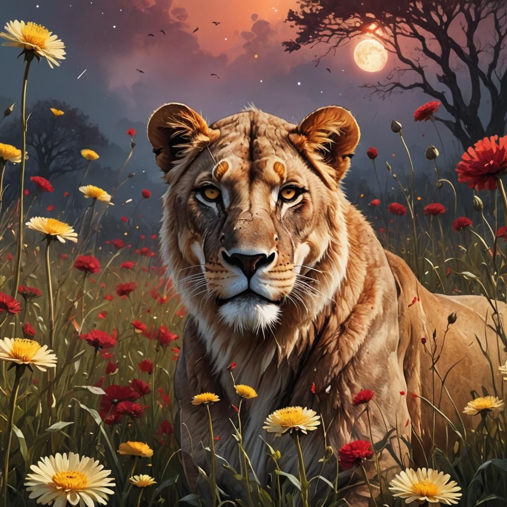 Lioness in Dandelions with Red Moon: Fantasy Art