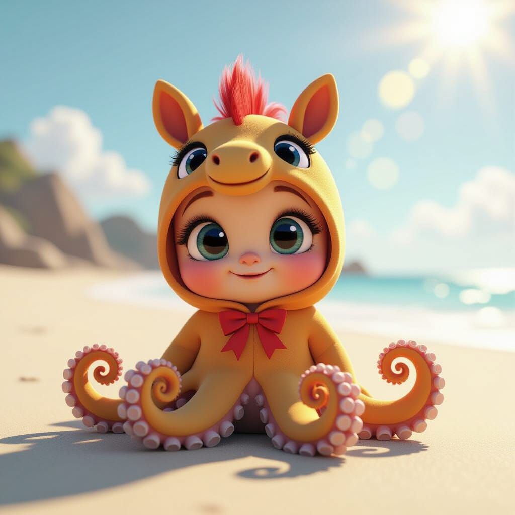 Baby Octopus in Horse Costume, Sunny Day