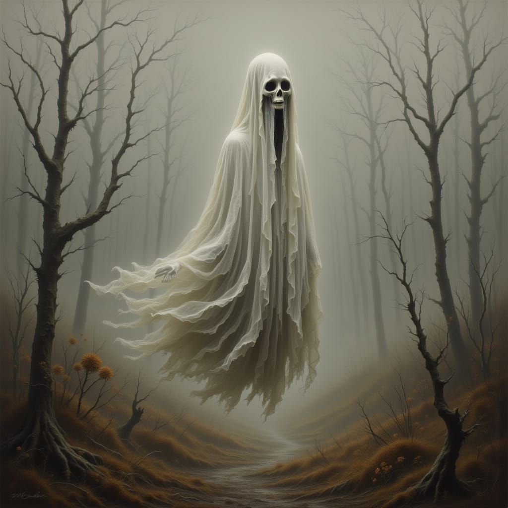 Ethereal Ghost in a Haunting Landscape Painting