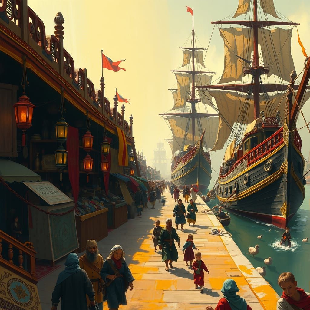 Vibrant Dock Scene with Merchant Stalls and Ships