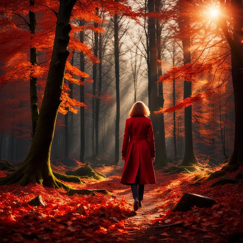Cinematic Autumn Landscape with Woman in Red