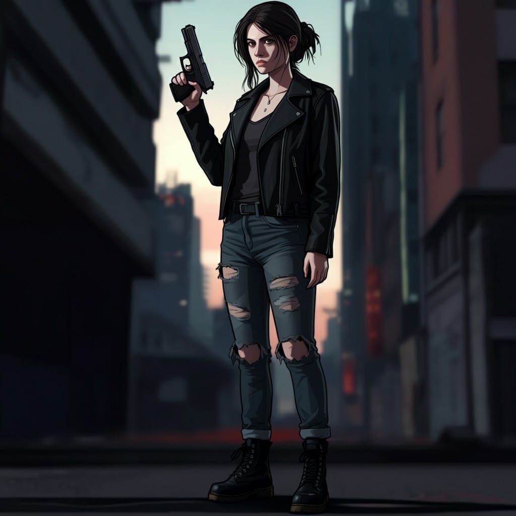Edgy Woman with Gun in Gritty Cityscape