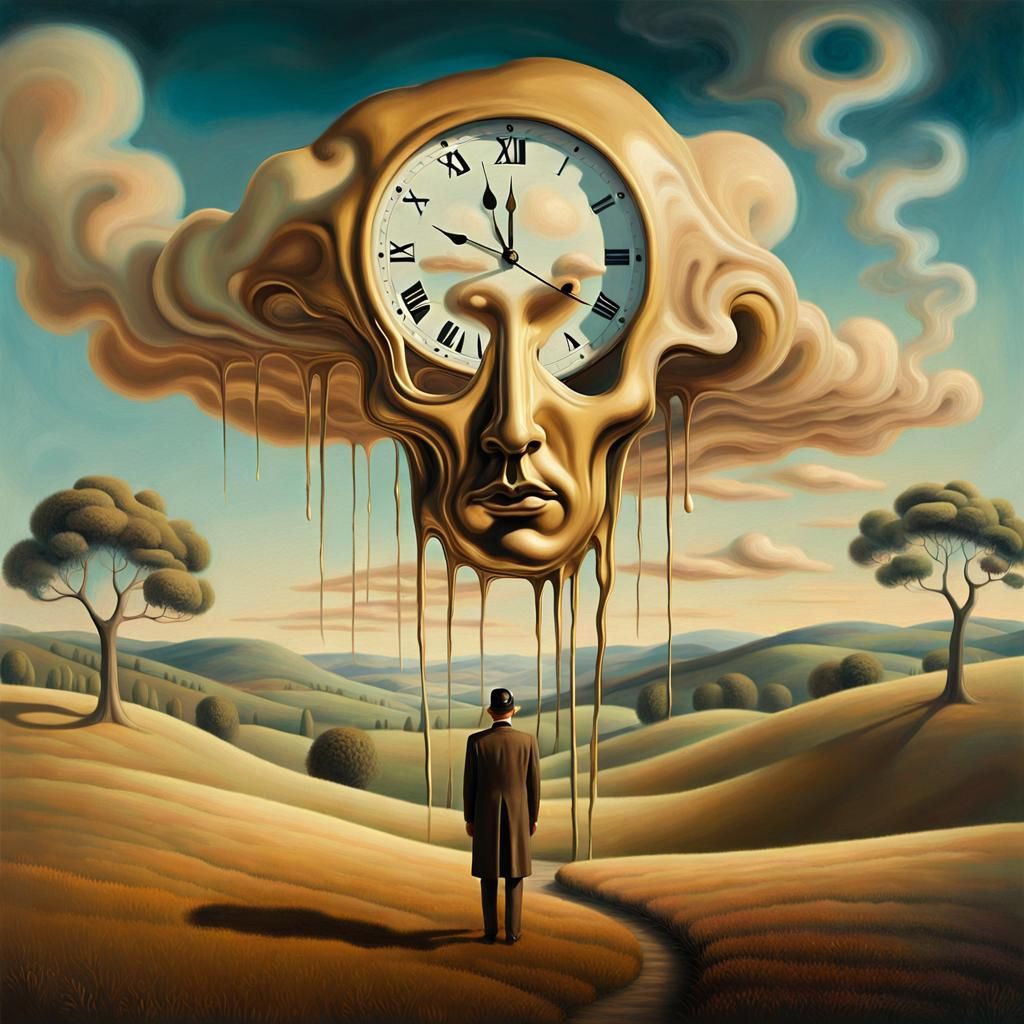 Melting Clock Figure in Surreal Dreamscape