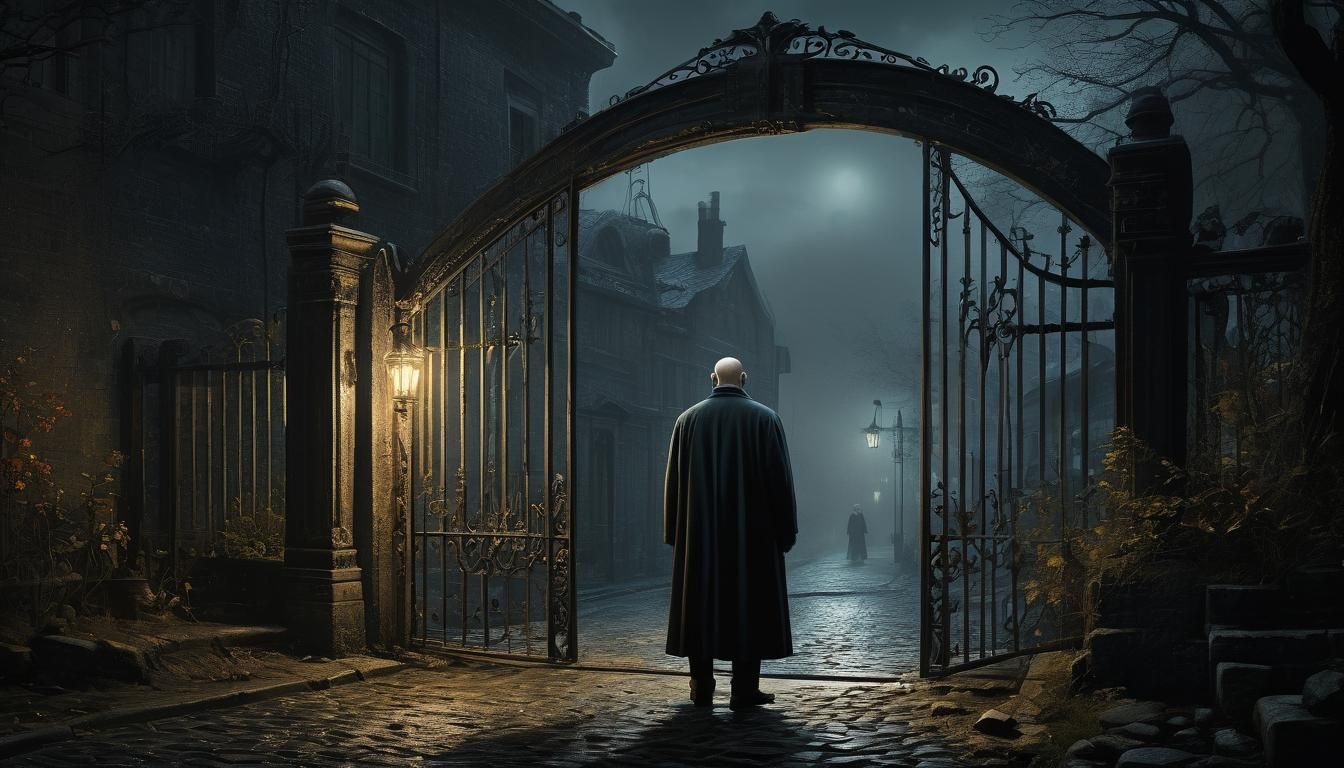 Noir Figure at Building Entrance with Colorful Valley