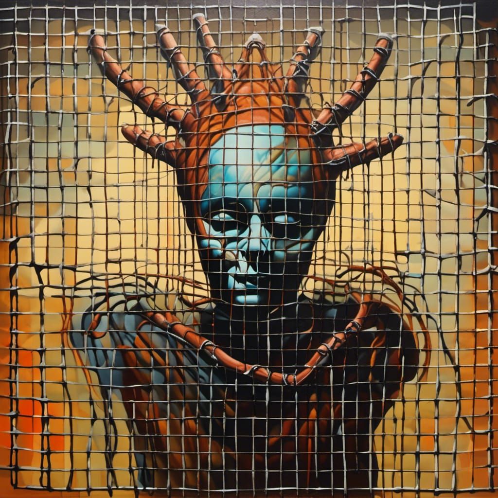 Chromatic Glowing Barbed Wire Mask in Surrealist Style