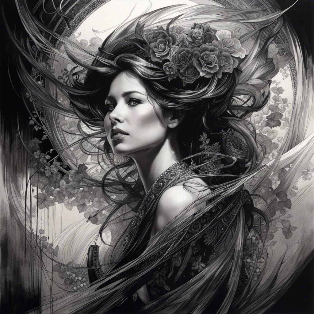 Ethereal Woman Portrait in Black and White Ink