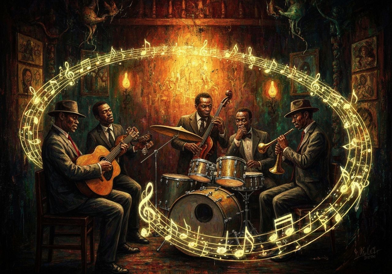Mystical Jazz Band in Voodoo Speakeasy with Glowing Notes