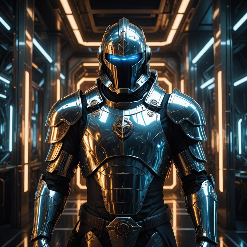 Realistic, Sci-fi, a Templar Knight in shiny ceremonial armor, futuristic pistol on his belt, dressed in white with a re...