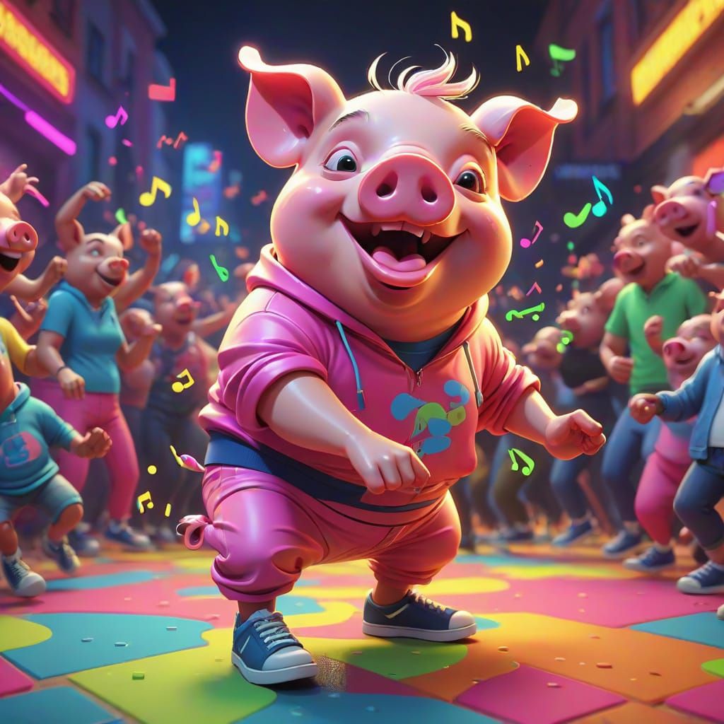 Happy Pig Breakdancing in Street Art Style