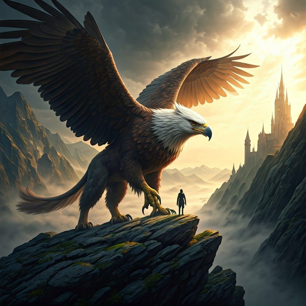 Ethereal Griffin Soars Over a Serene Mountain Castle in Hype...
