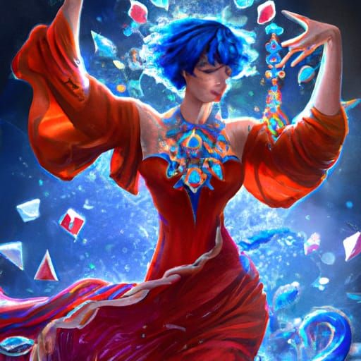 Blue-Haired Woman in Red Dress: Digital Art