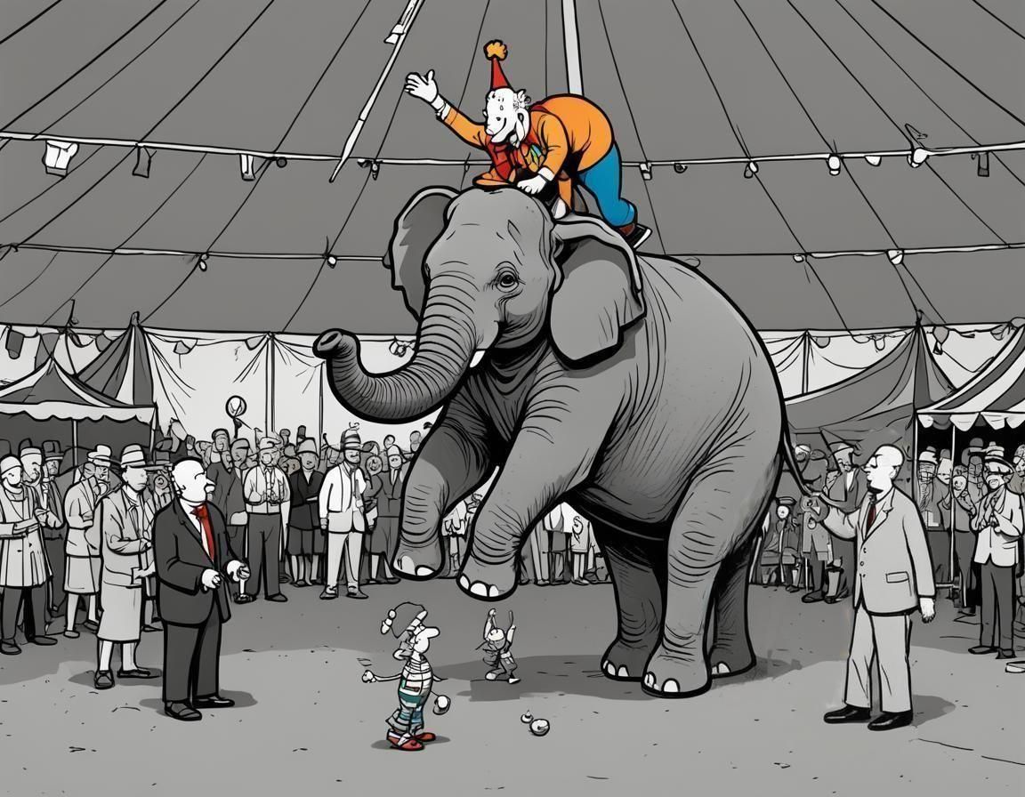 Clown Juggling on Elephant in Comic Strip Style
