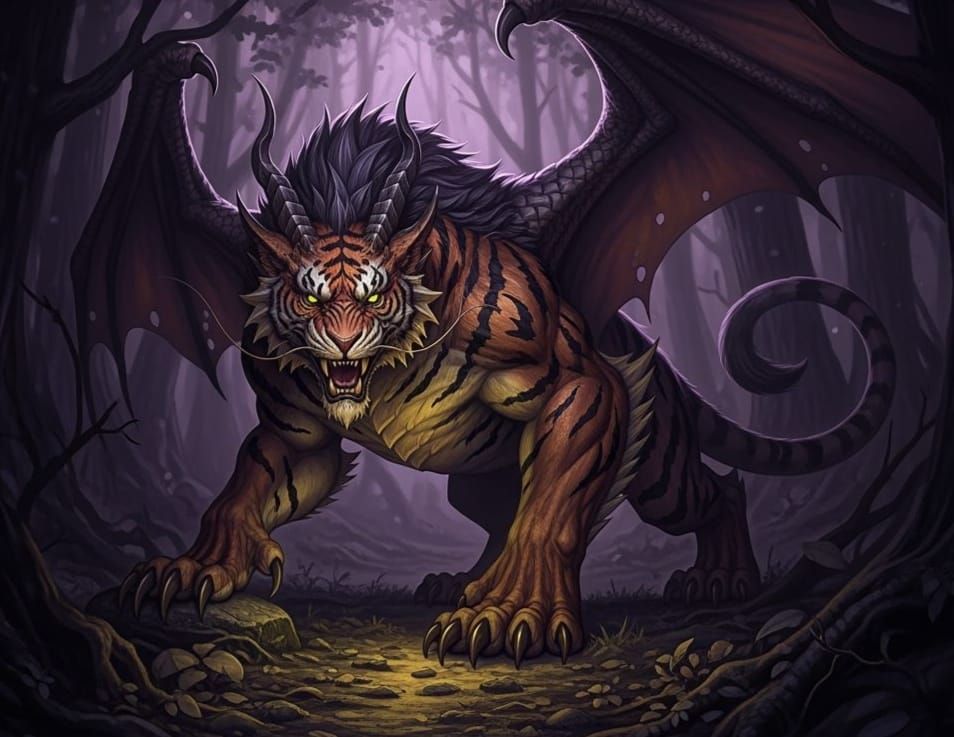 Dragon Tiger Hybrid in Dark Forest Concept Art