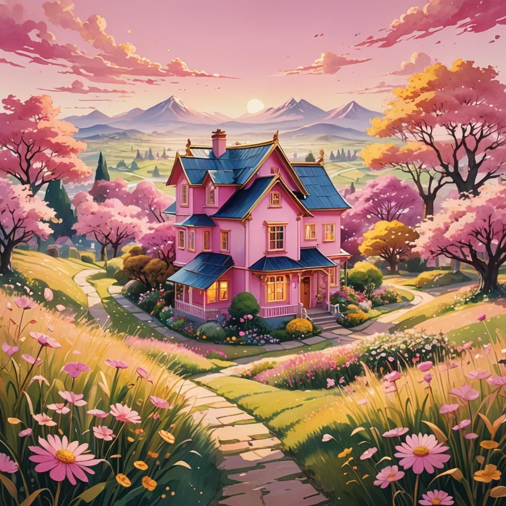 Pink and Gold House in Anime Landscape