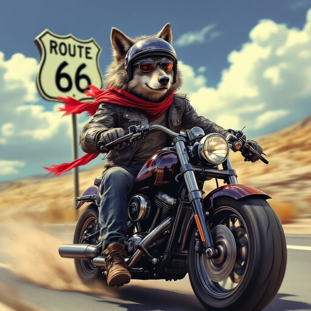 Anthropomorphic Wolf Riding Harley Davidson on Route 66