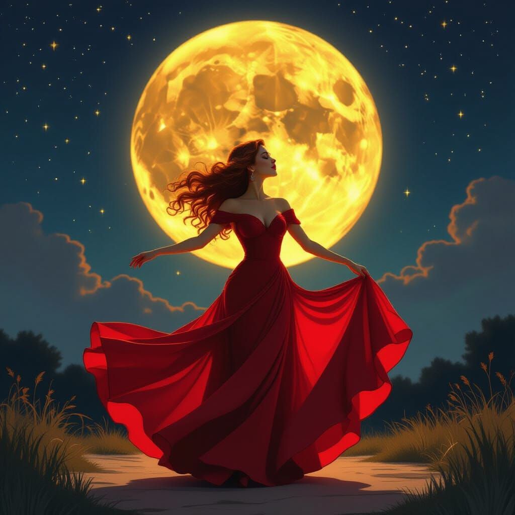 Woman in Scarlet Gown Dances Under Luminous Yellow Moon