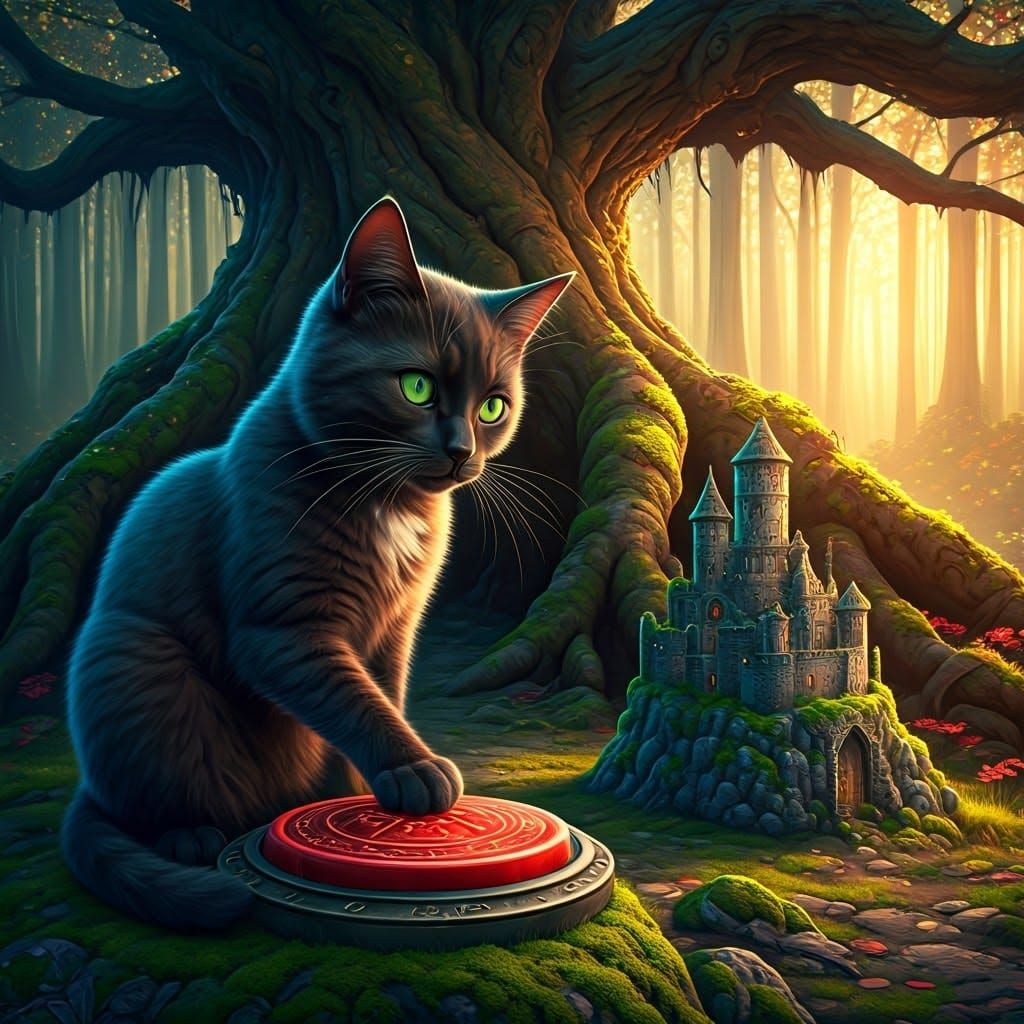 Sleek Black Cat Sits Amidst Whimsical Castle and Enchanted F...