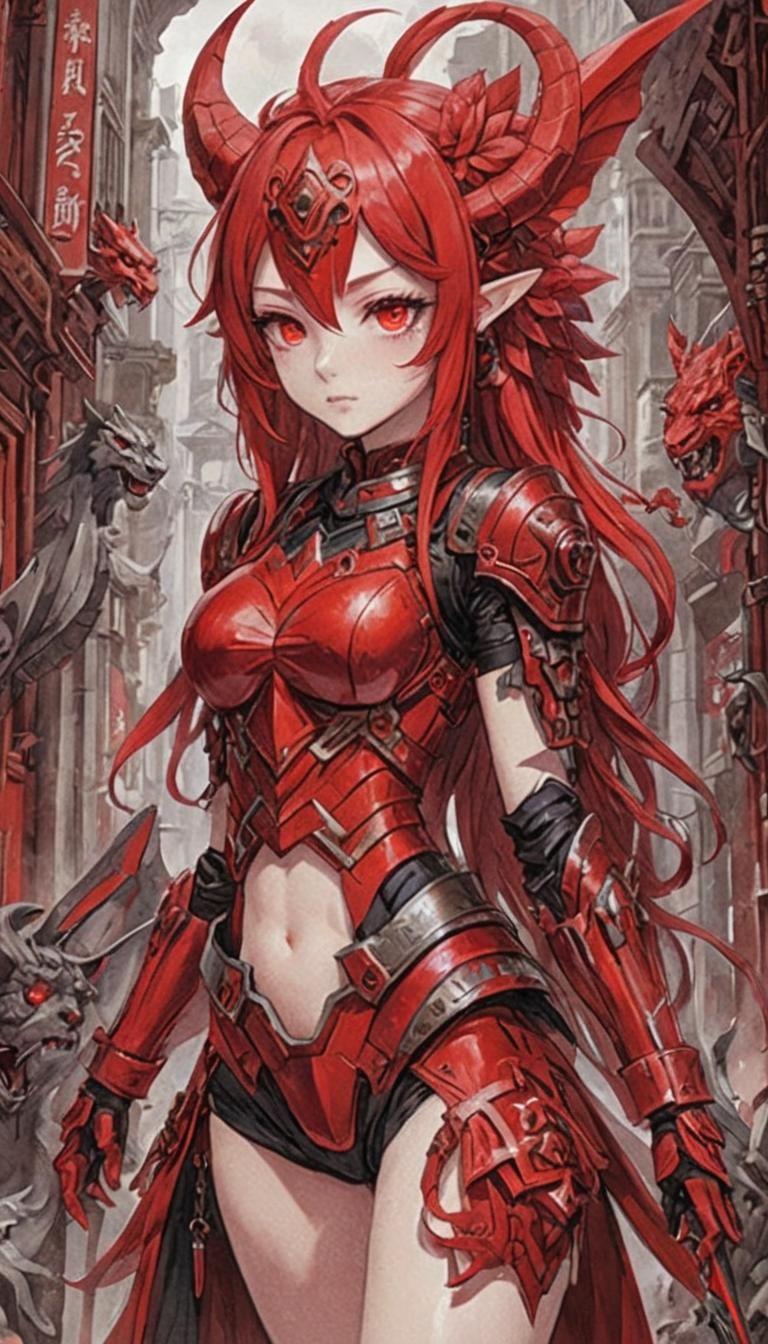 Vibrant Red Chimera Girl Portrait