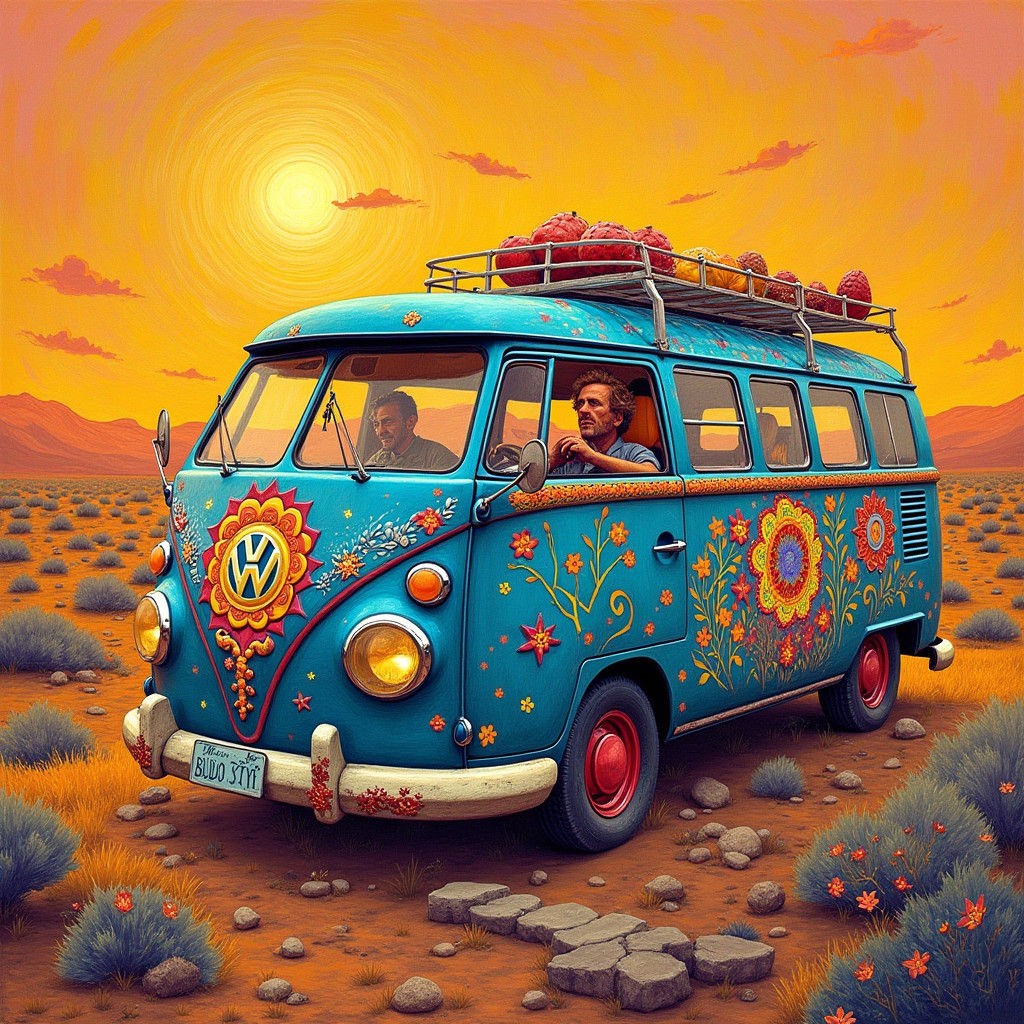 Psychedelic Hippie Van in Post-Impressionist Style