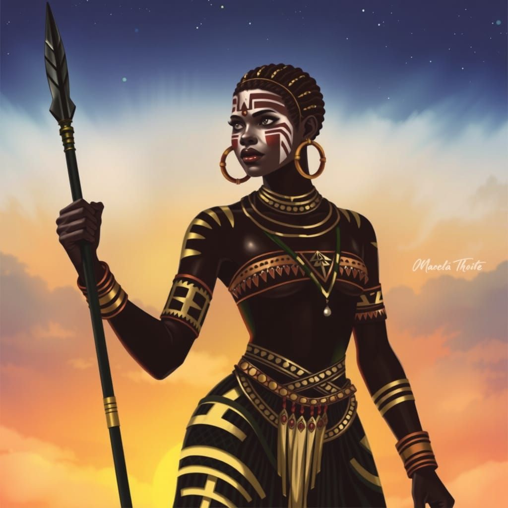 African Warrior Woman Silhouette with Tribal Paint