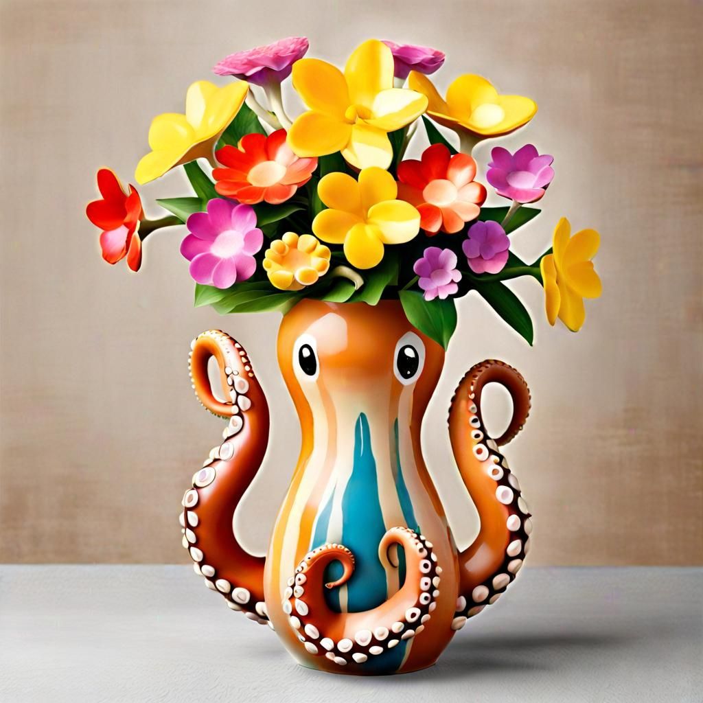 Surreal Octopus Pottery Vase with Flower Bouquets