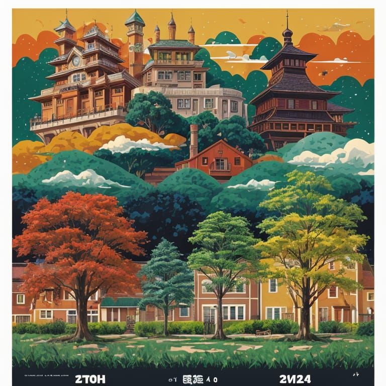Puzzle pieces Studio Ghibli warm colors poster art