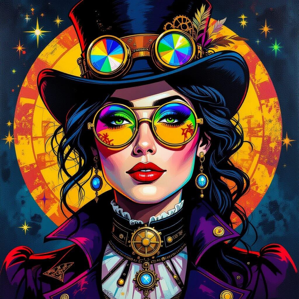 Steampunk Woman: Acrylic Portrait in Blacklight Style
