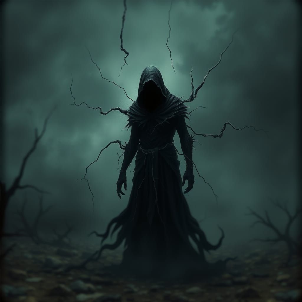 Dark Figure Lost in Desolate Twilight Landscape