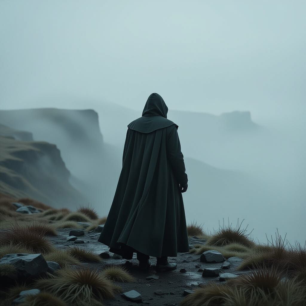 Misty Landscape: Cinematic Figure in Long Coat